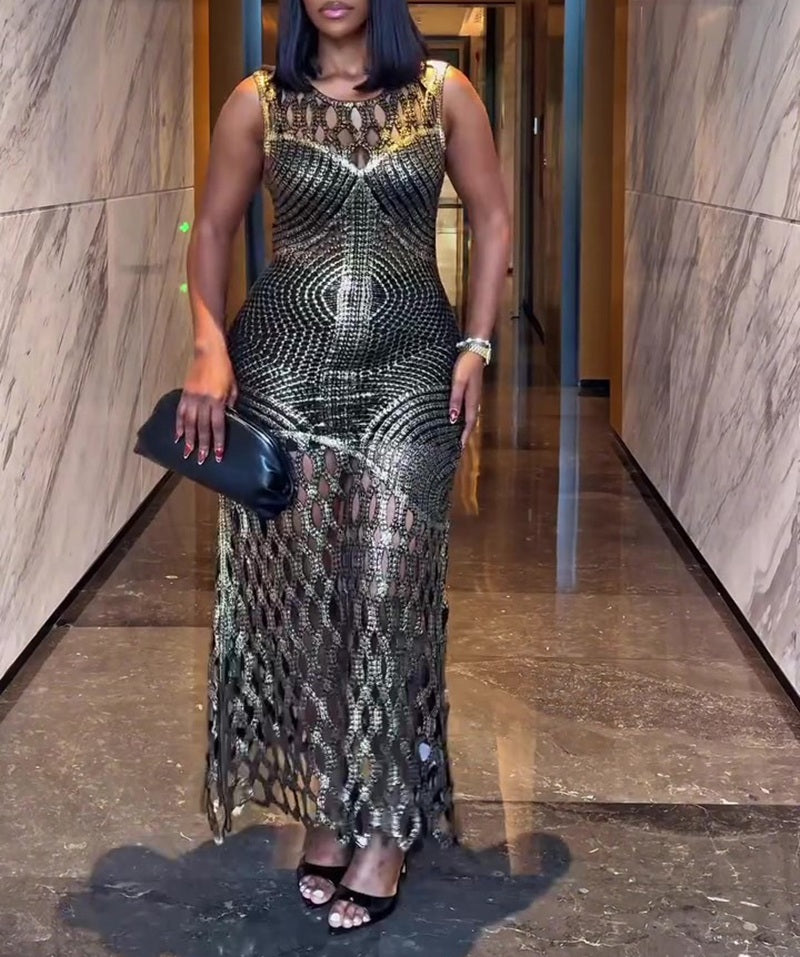Metallic Thread Crochet Formal Party Gown