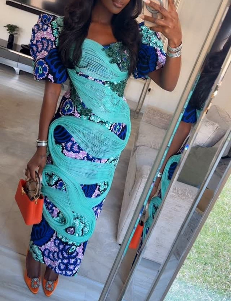 Ankara Print Fringe Draped Puff Sleeve Party Midi Dress