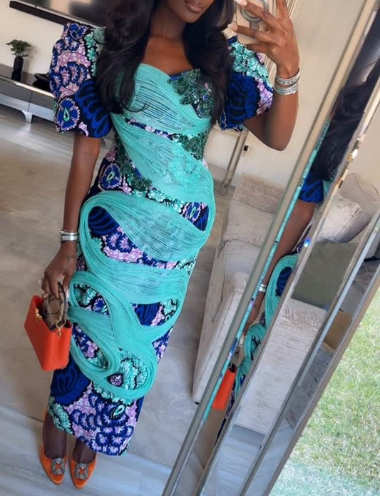 Ankara Print Fringe Draped Puff Sleeve Party Midi Dress