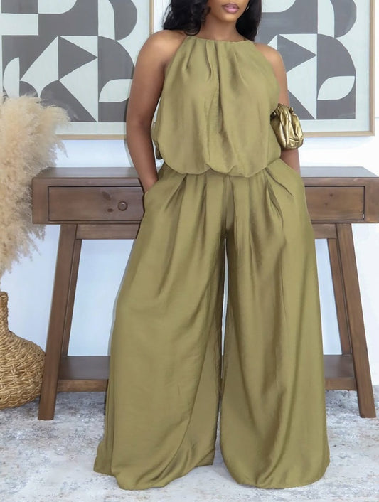 Halter Neck Sleeveless Top & Wide Leg Pants Two Piece Set