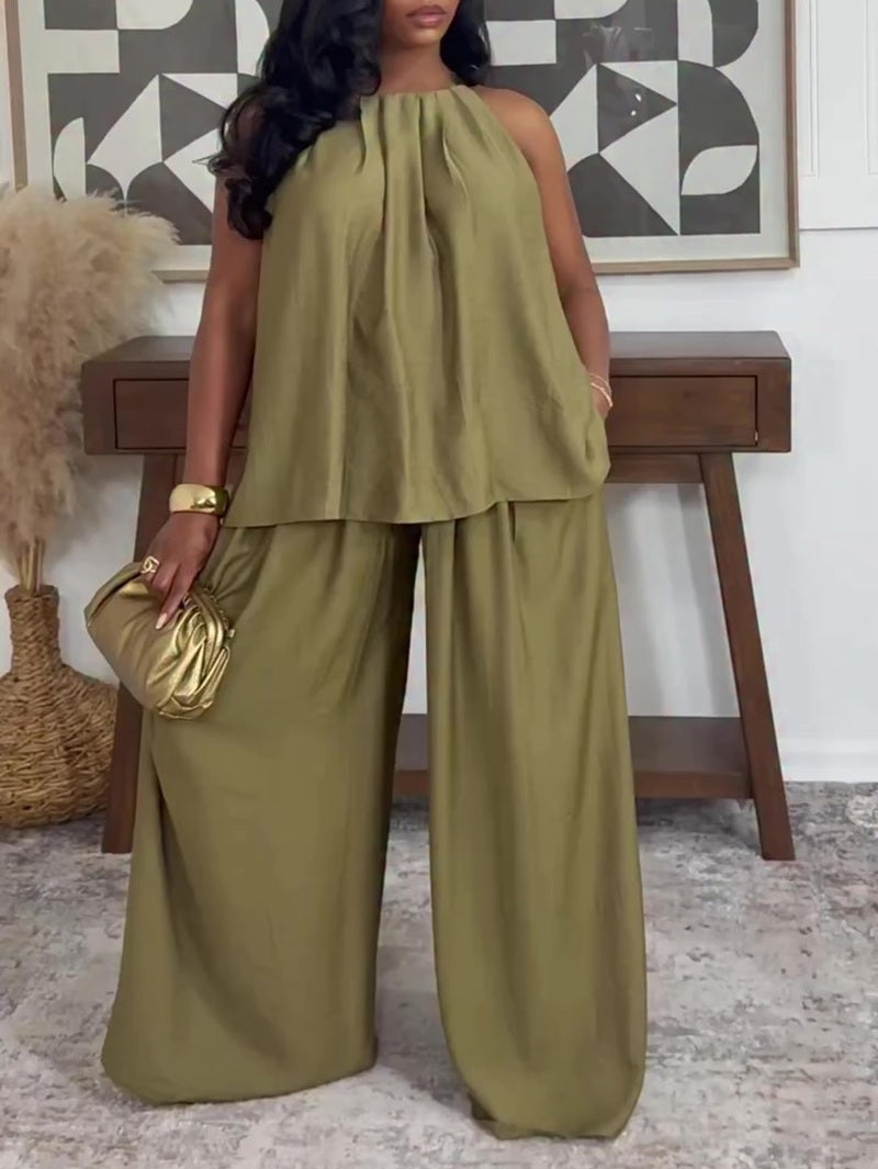 Halter Neck Sleeveless Top & Wide Leg Pants Two Piece Set