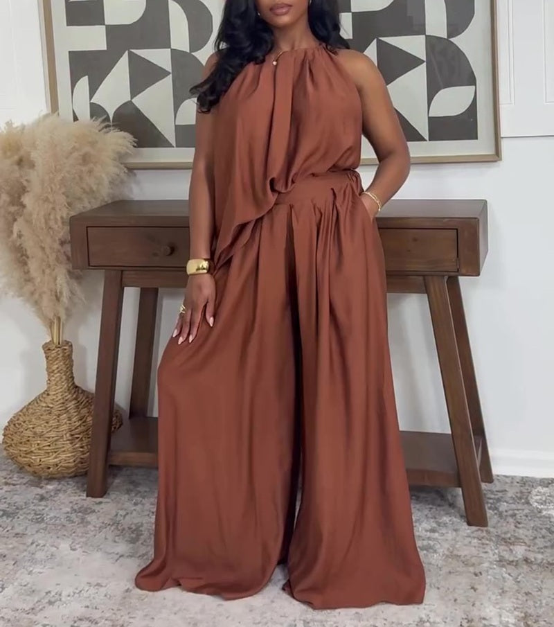 Halter Neck Sleeveless Top & Wide Leg Pants Two Piece Set