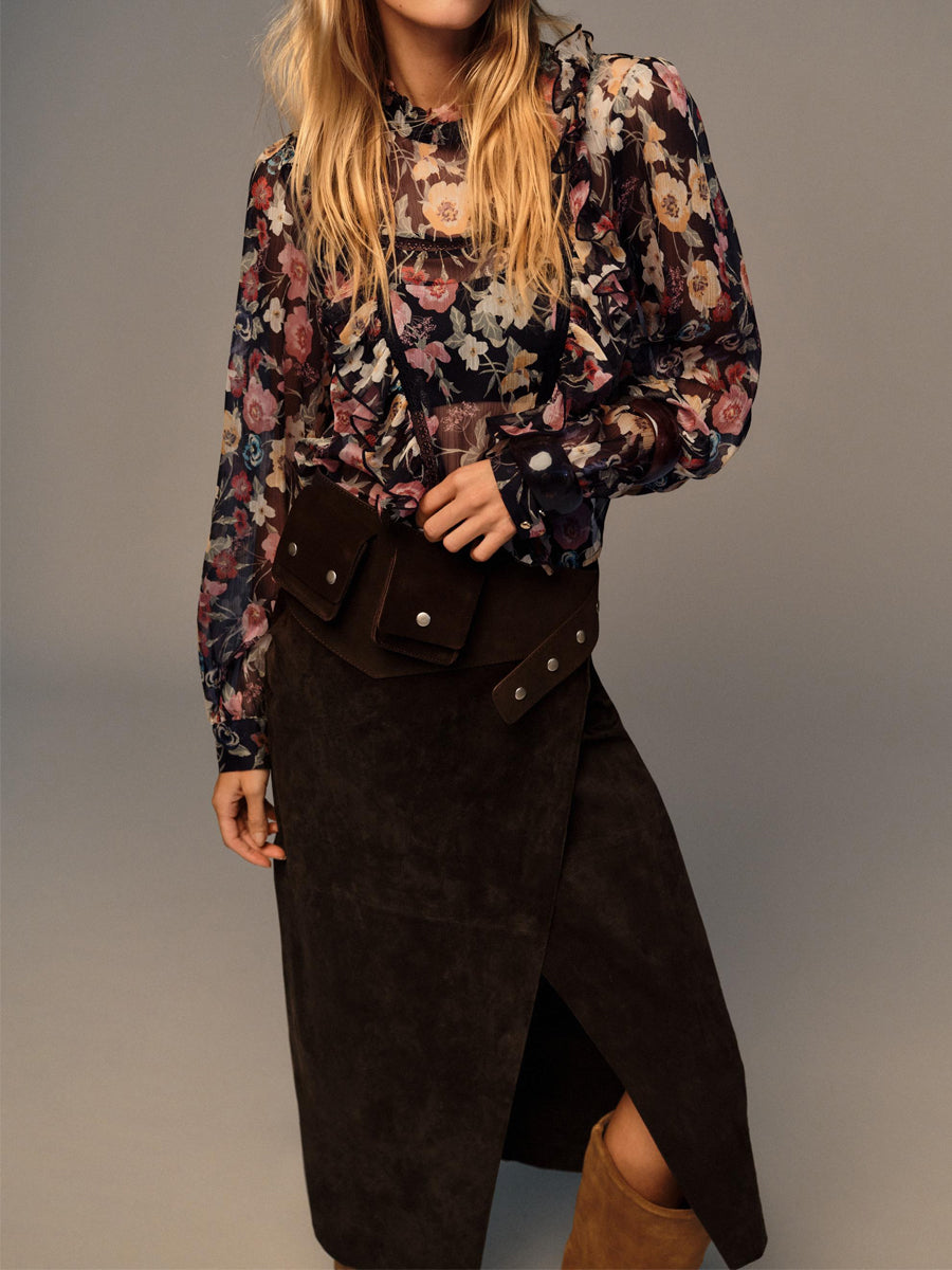 Ruffle Collar Floral Print Ruffled Blouse