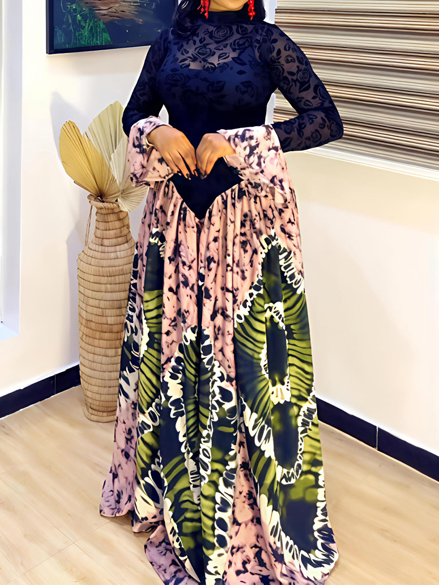 Lace Patchwork Flare Sleeve Printed Maxi Dress