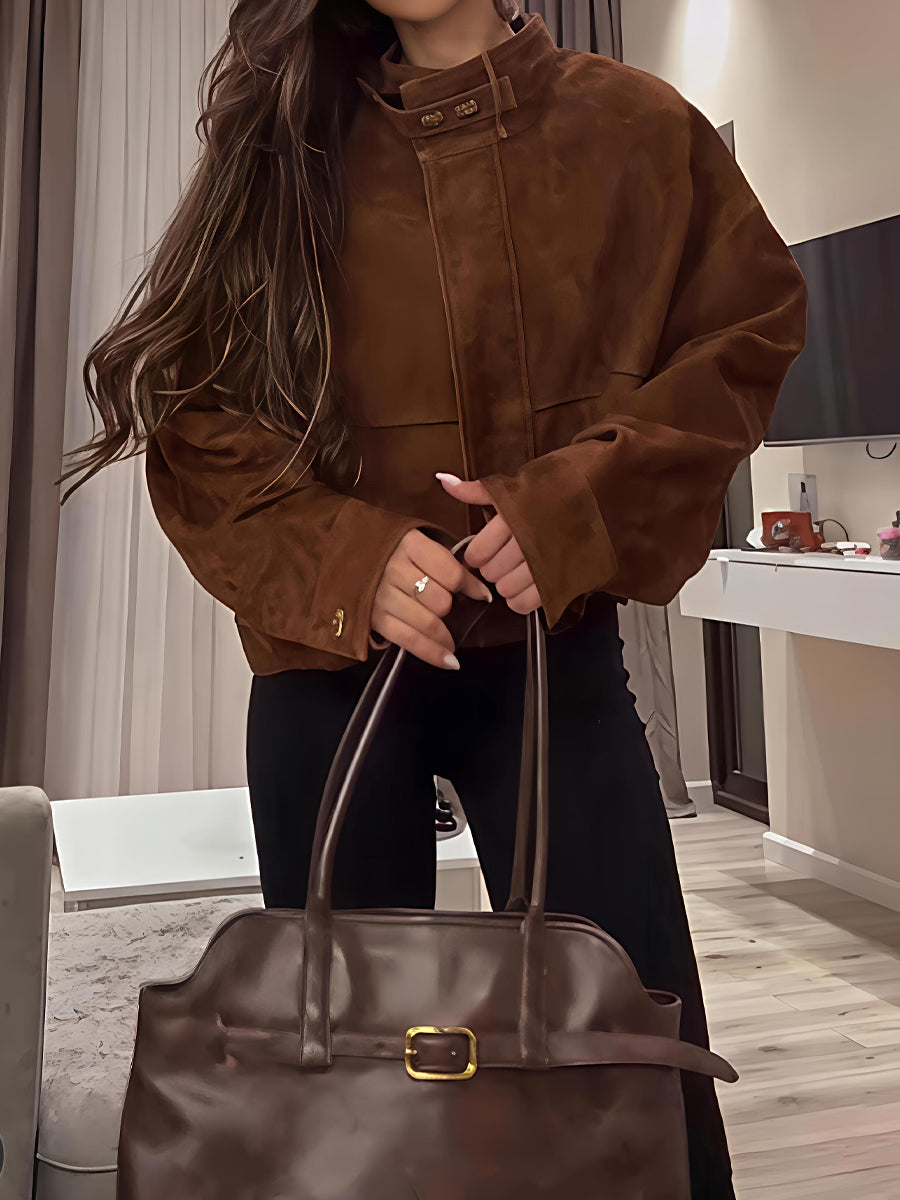 Suede Zip Up Stand Collar Jacket