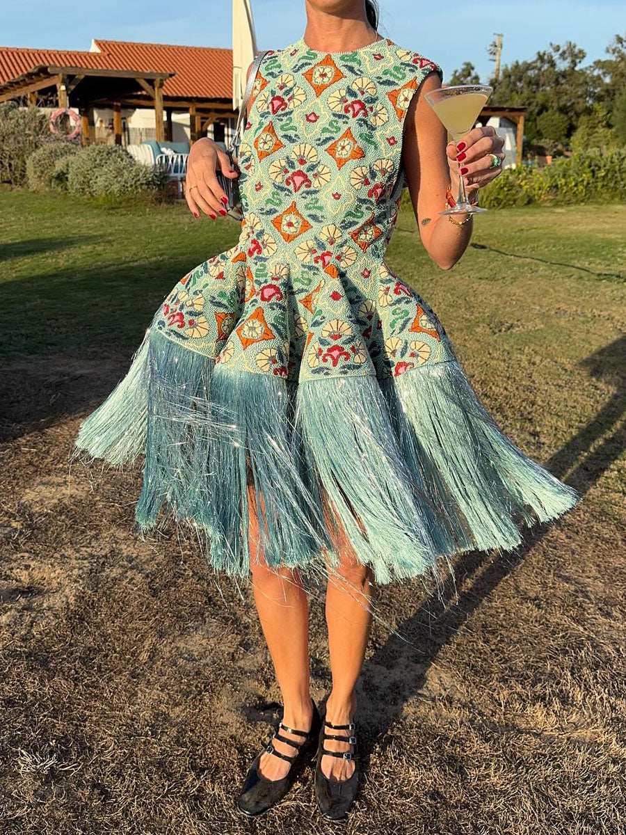 Printed Sleeveless Tassel Hem Party Dress