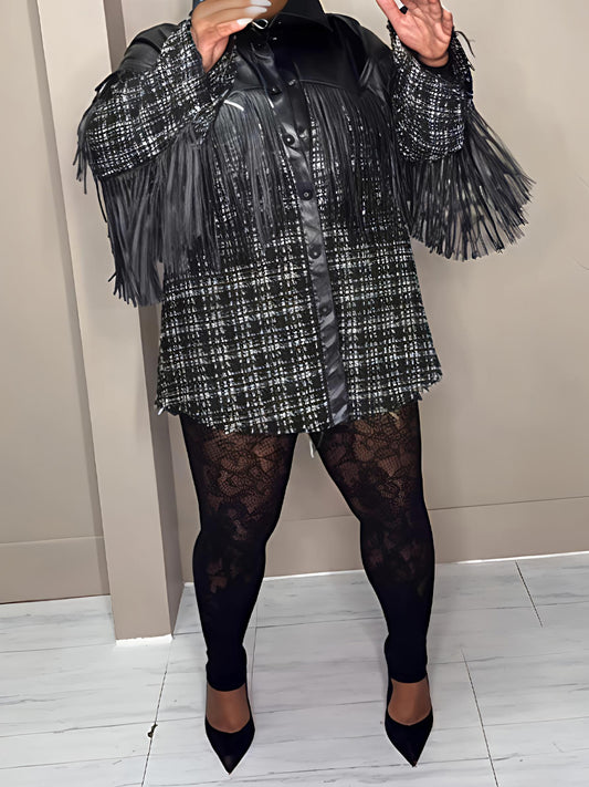 Faux Leather Trim Tweed Shacket