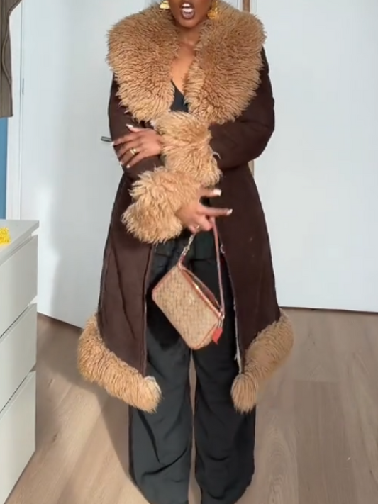 Vintage Suede Faux Fur Collar Coat