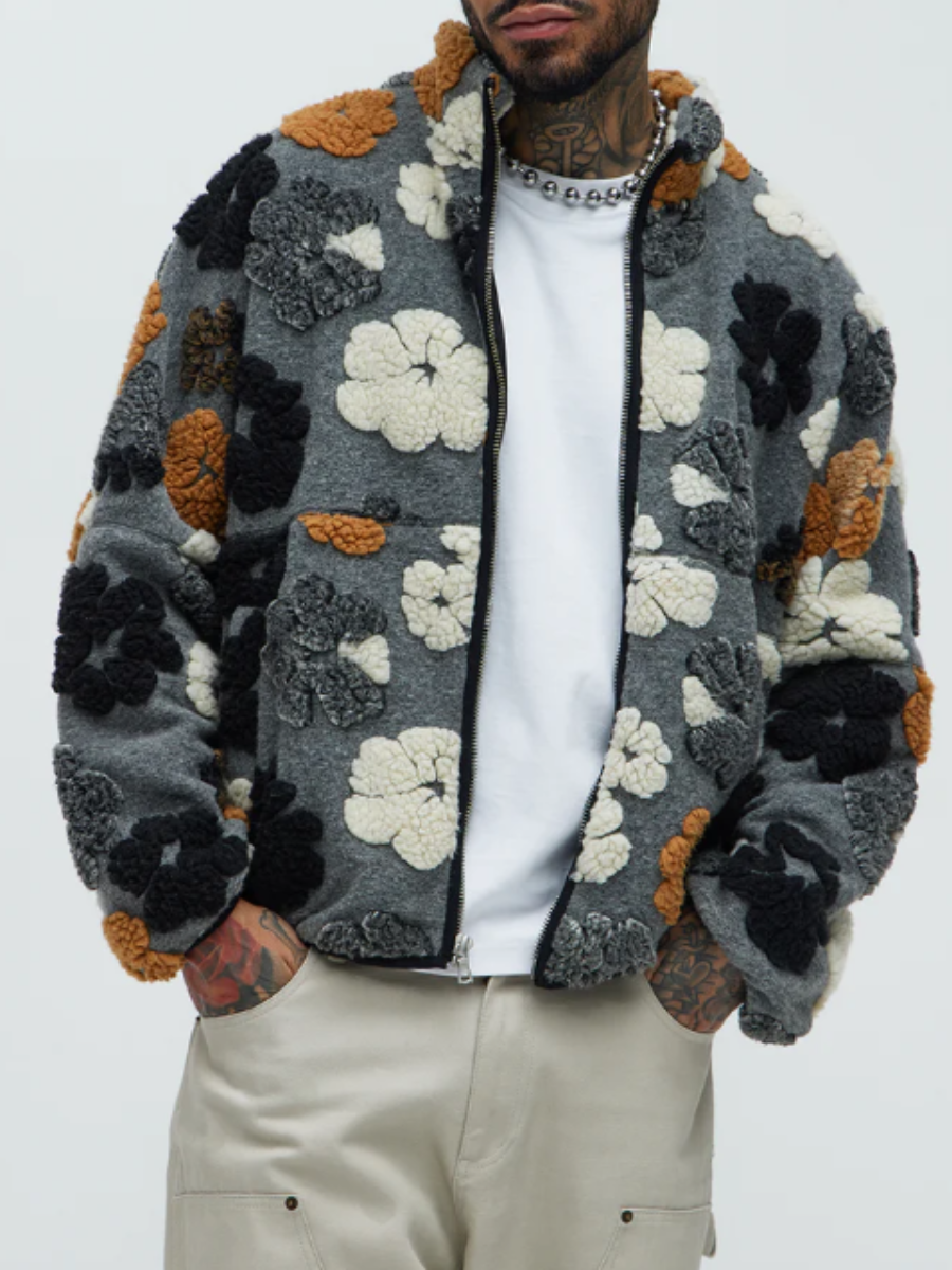 Lambskin Floral Textured Zip Coat