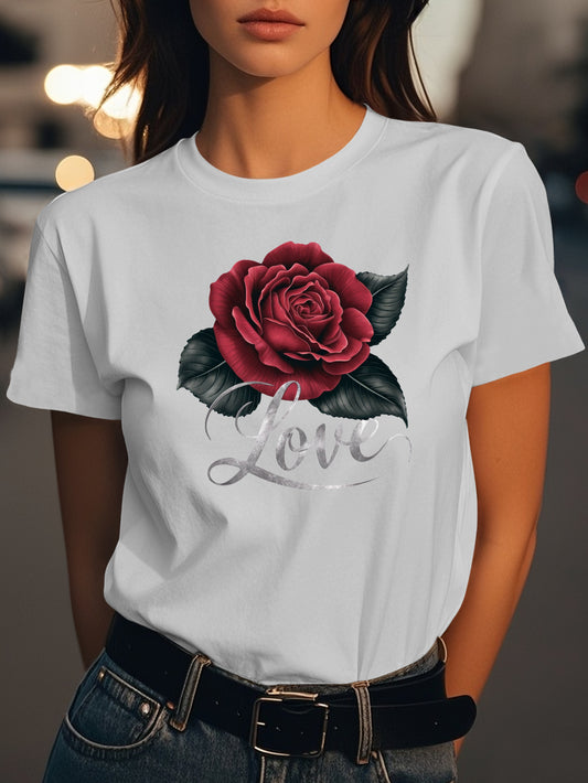 red rose with Love Fashion women's pure cotton T-shirt short sleeves