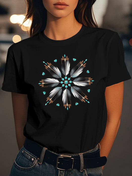 feathers and turquoise stones Fashion women's pure cotton T-shirt short sleeves