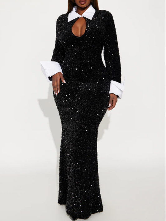 Velvet Sequin Black And White Contrast Dress