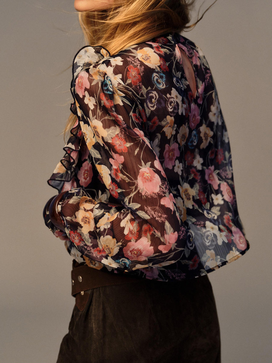 Ruffle Collar Floral Print Ruffled Blouse