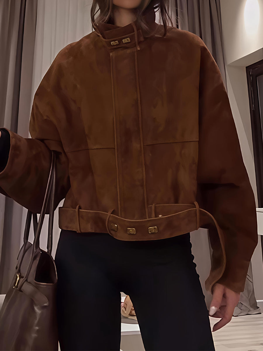 Suede Zip Up Stand Collar Jacket