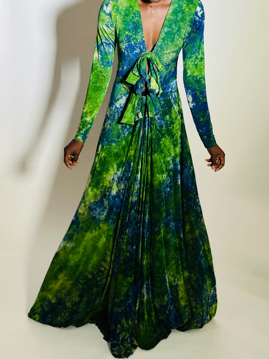 Tie Details Tie Dye Deep V Neck Maxi Dress