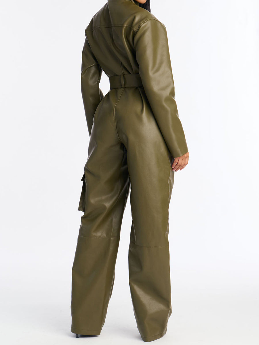 Faux Leather Cargo Straight Leg Jumpsuit