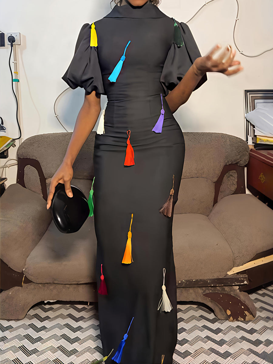 Fringed Short Puff Sleeve Elegant Maxi Dress