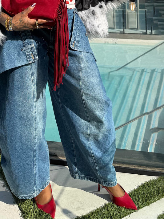 Asymmetric Draped Detailing High Waist Jeans