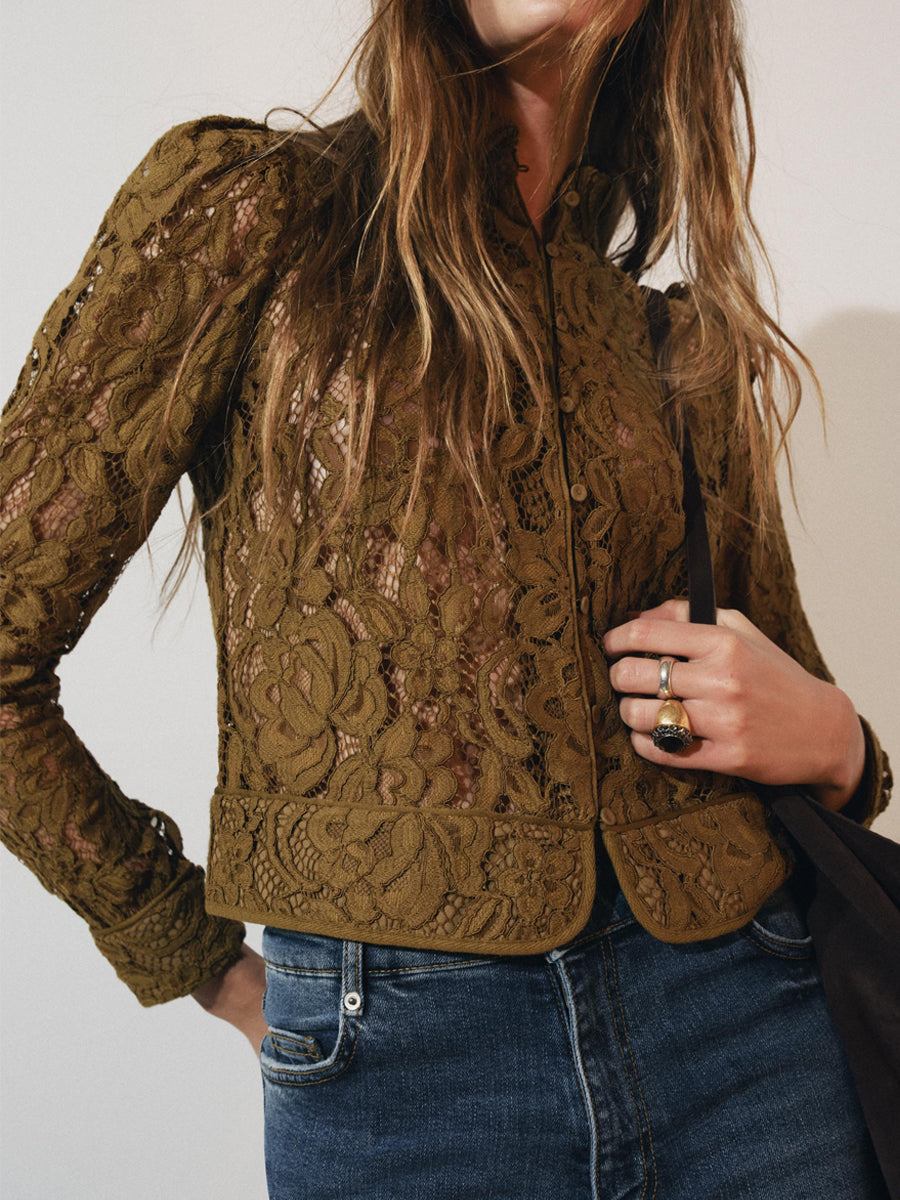 Lace Crochet Cut-Out Button Top