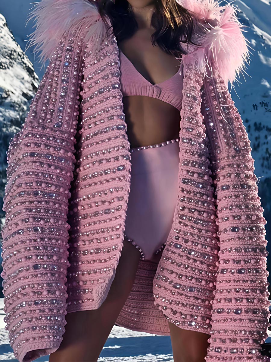 Sequined Fur Collar Hooded Zip Up Coat