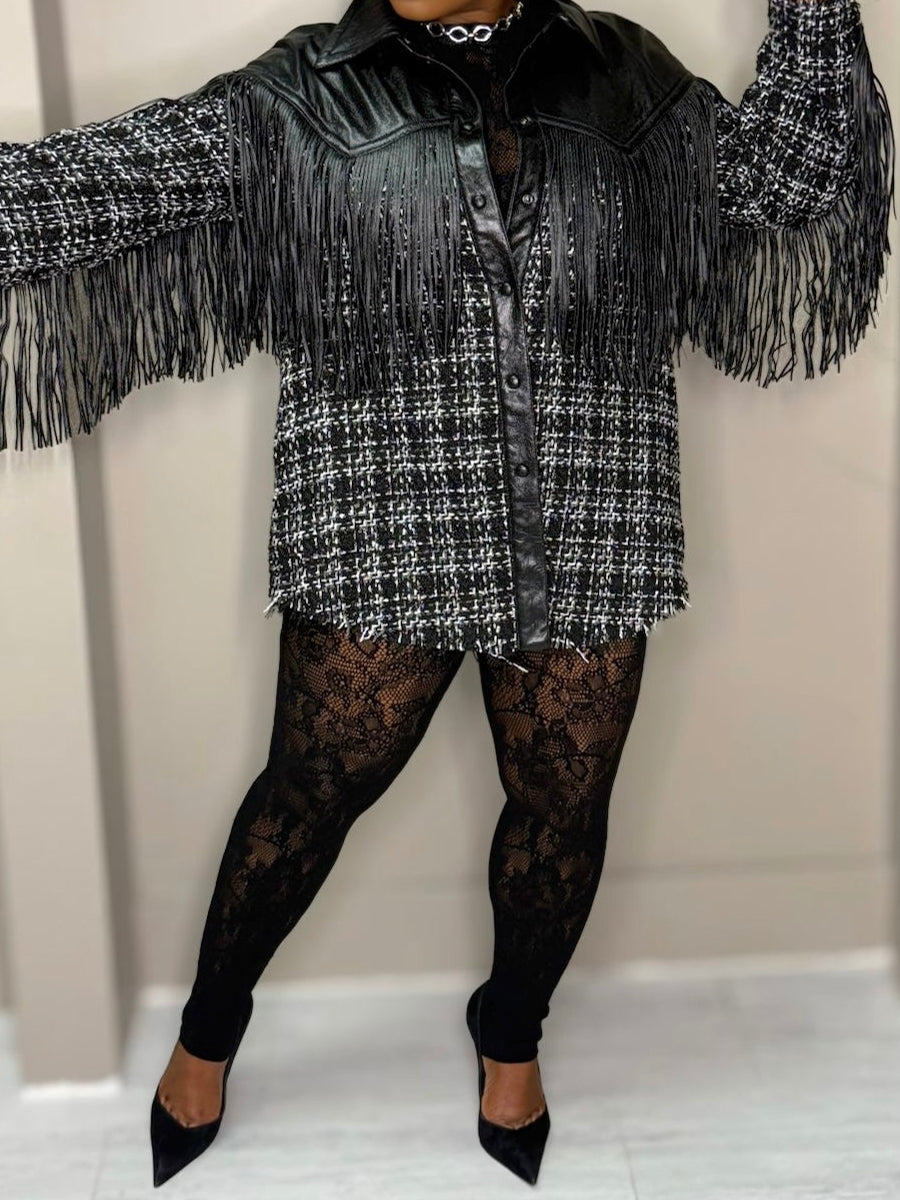 Faux Leather Trim Tweed Shacket