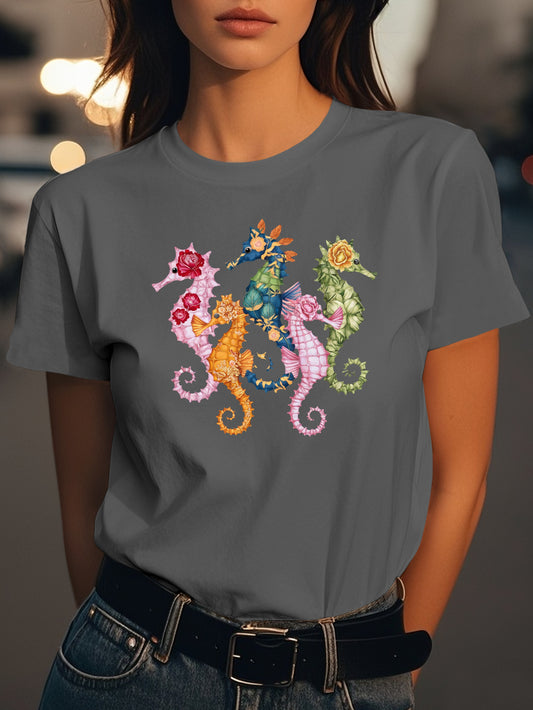 intricately detailed seahorses Fashion women's pure cotton T-shirt short sleeves