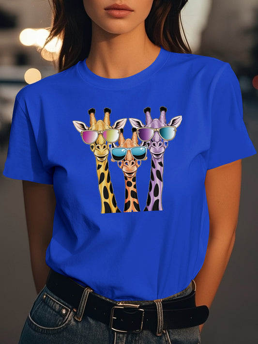cartoon giraffes with sunglasses Fashion women's pure cotton T-shirt short sleeves