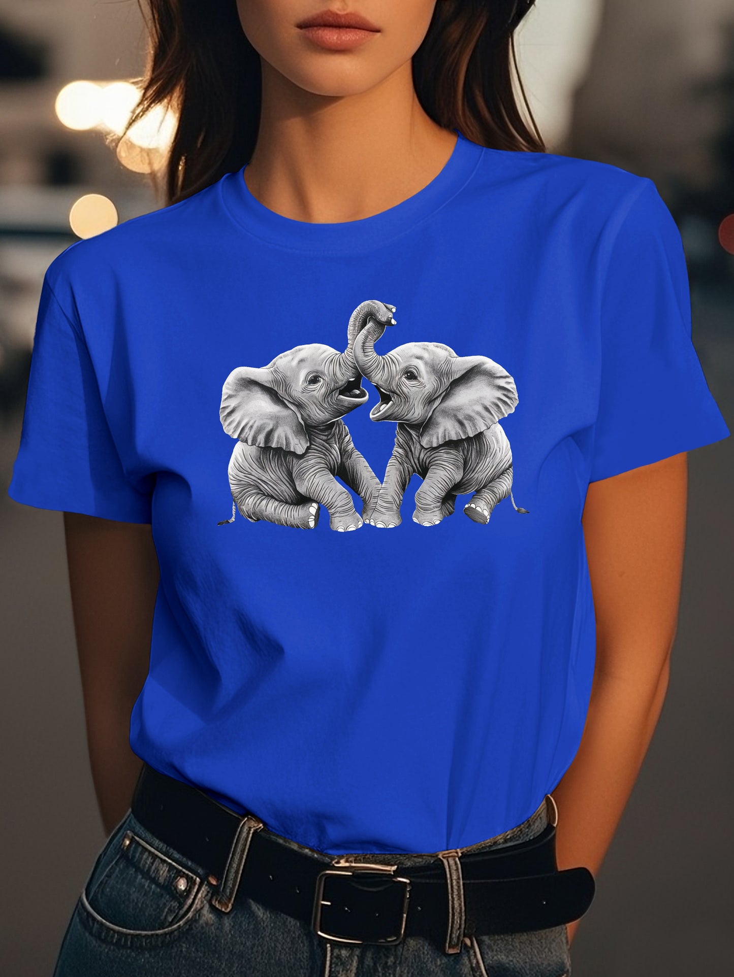 Two baby elephants playfully interacting Fashion women's pure cotton T-shirt short sleeves
