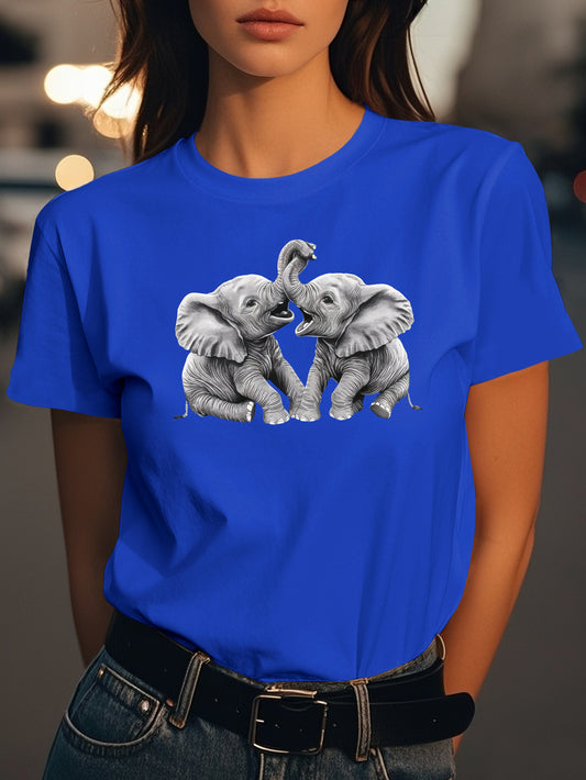 Two baby elephants playfully interacting Fashion women's pure cotton T-shirt short sleeves