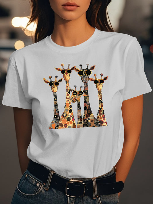 Stylized Giraffes with Sunglasses Fashion women's pure cotton T-shirt short sleeves