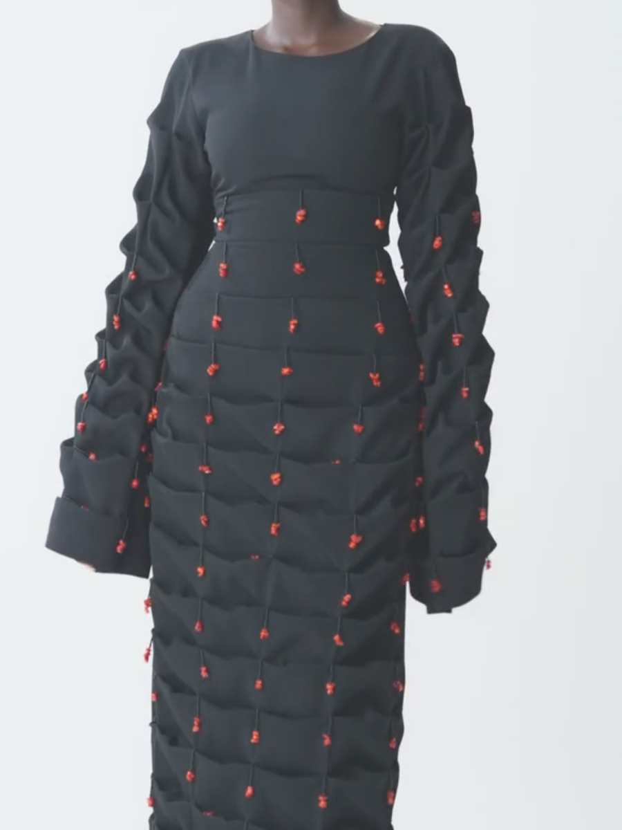 Red Coral Bead Pendant Laminated Skirt Dress