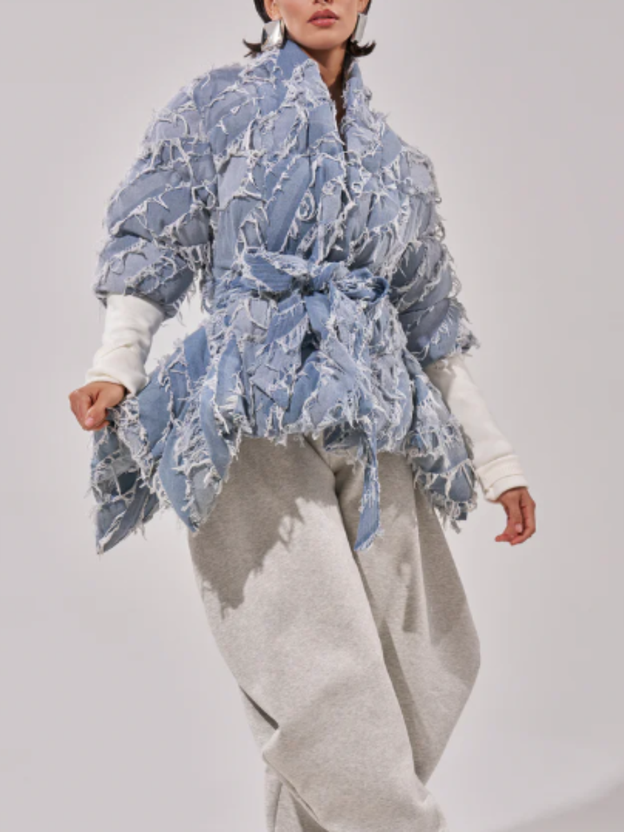 Denim Rip-Sleeve Ruffle Coat