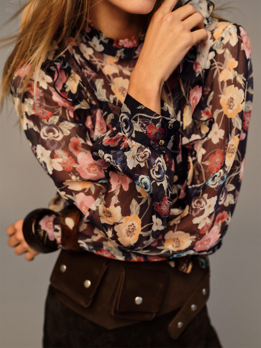 Ruffle Collar Floral Print Ruffled Blouse