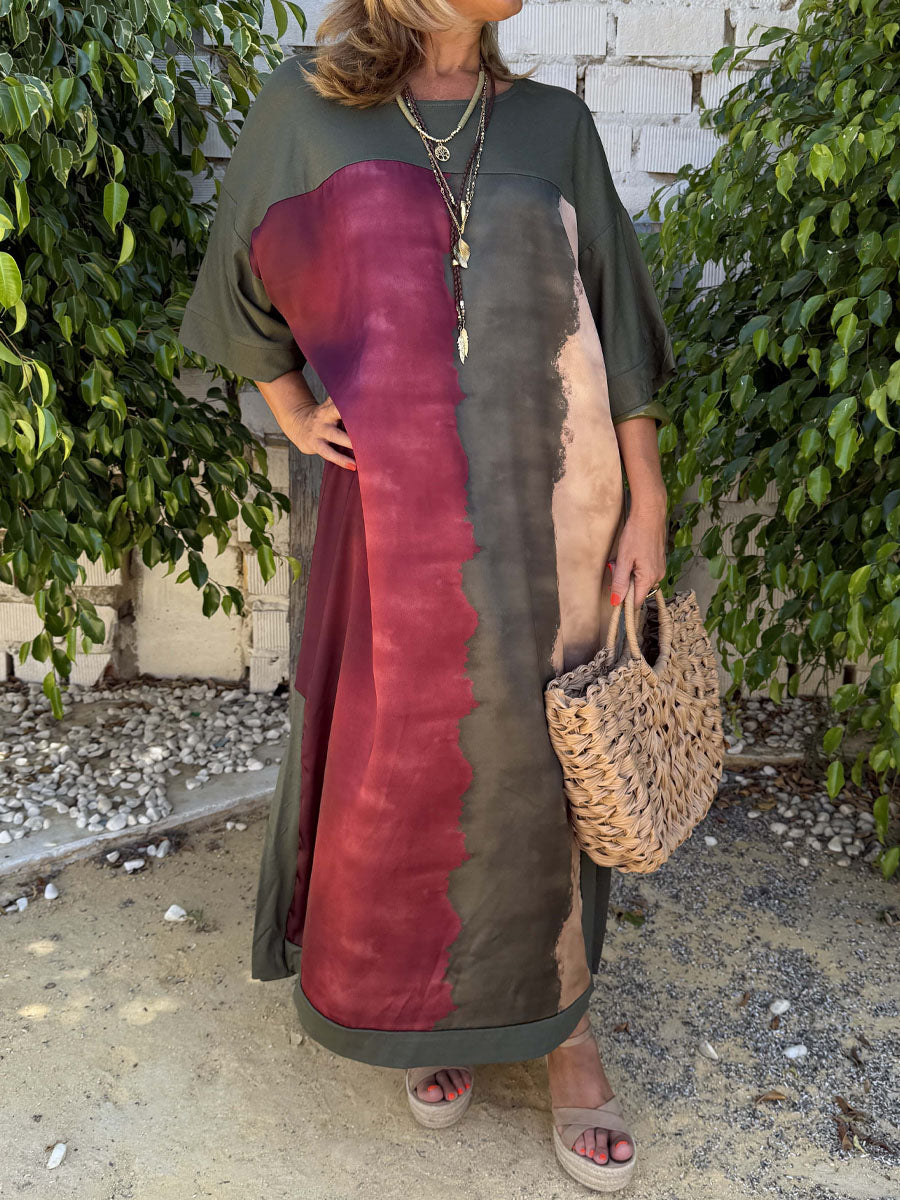 Printed Loose Slit Hem Stain Dress