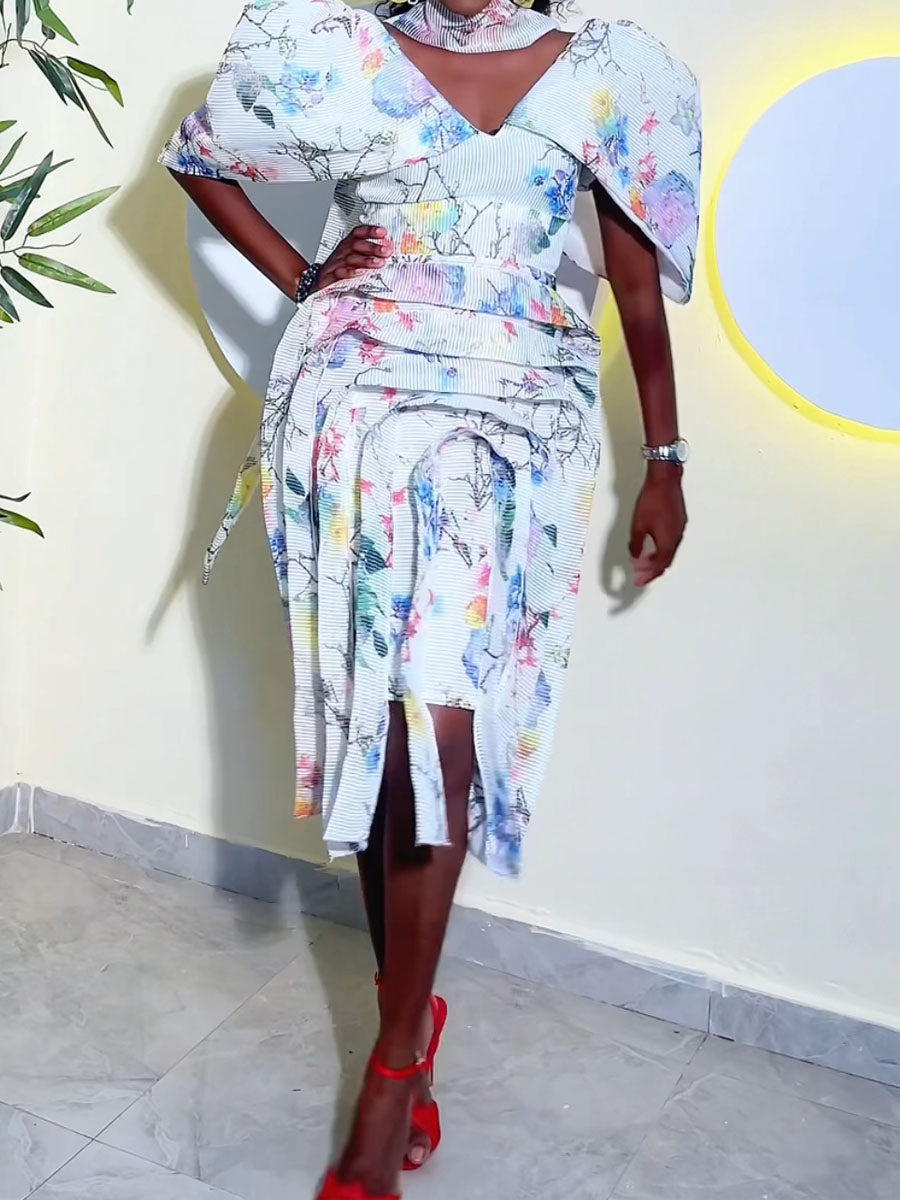 Floral Print Layered Sleeves V Neck Dress