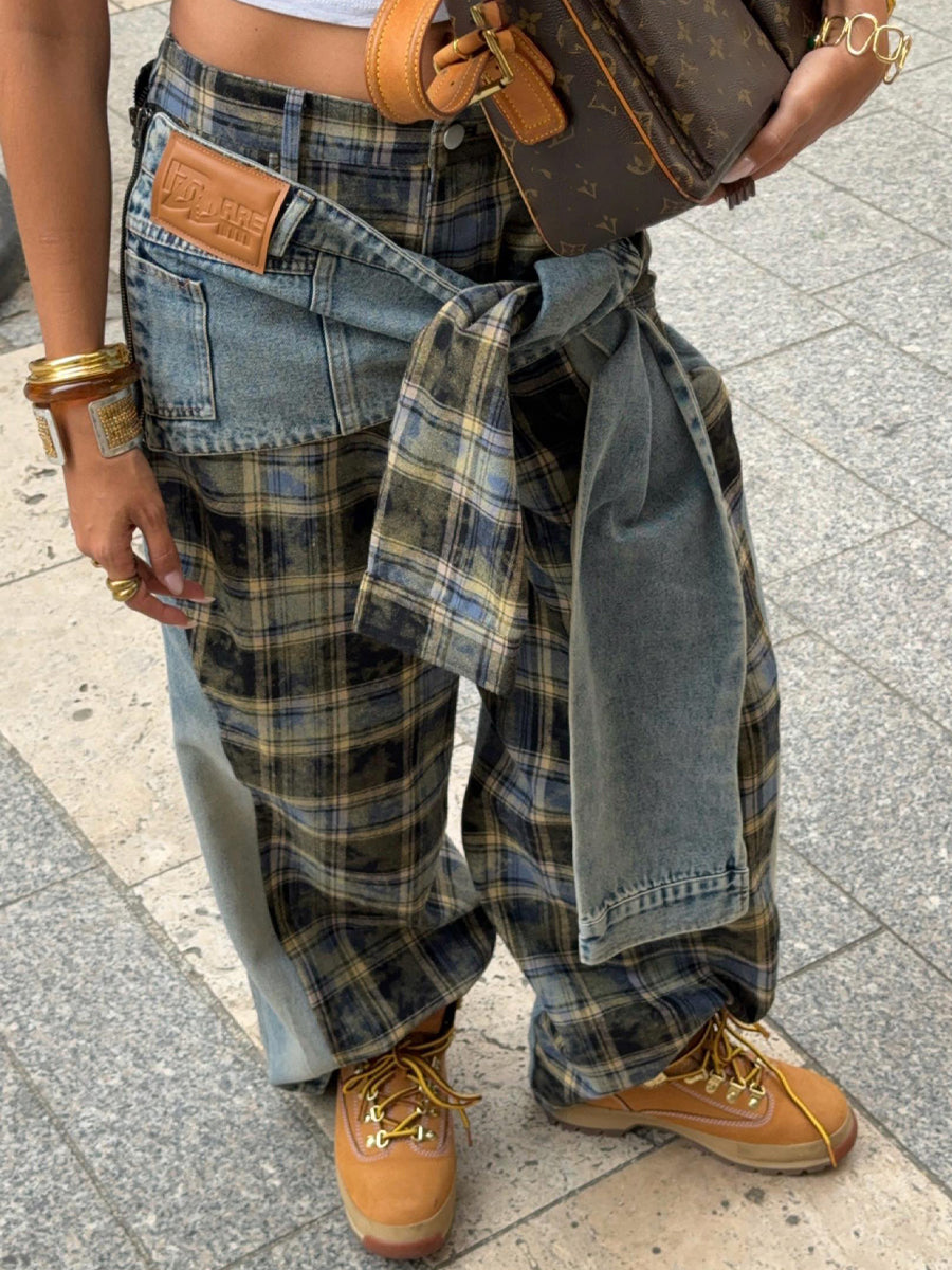 Check Print Patchwork Jeans