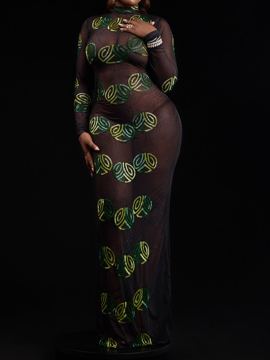 See-through Shinny Flare Sleeve Maxi Dress