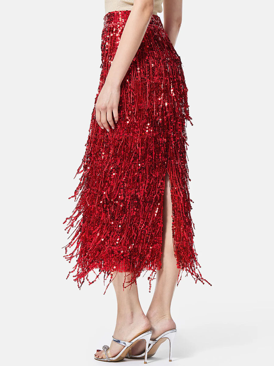 Tassel Sequin Slit Hem Midi Skirt