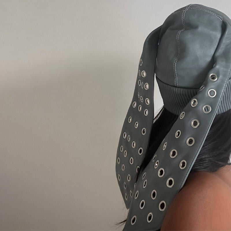 Knitted Patchwork PU Eyelet Detail Hat