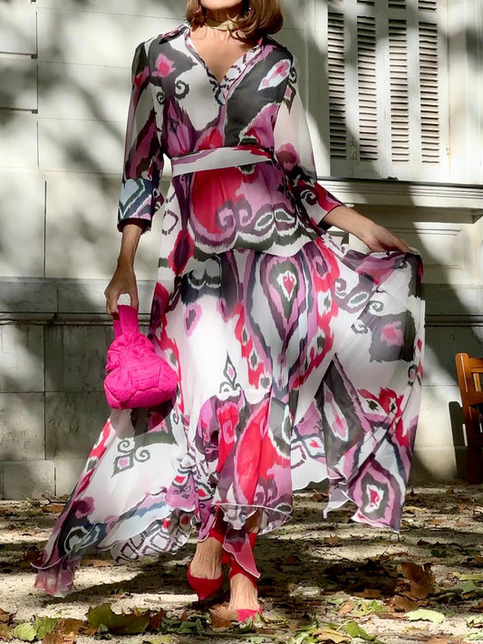 Printed V Neck Long Sleeve Dress