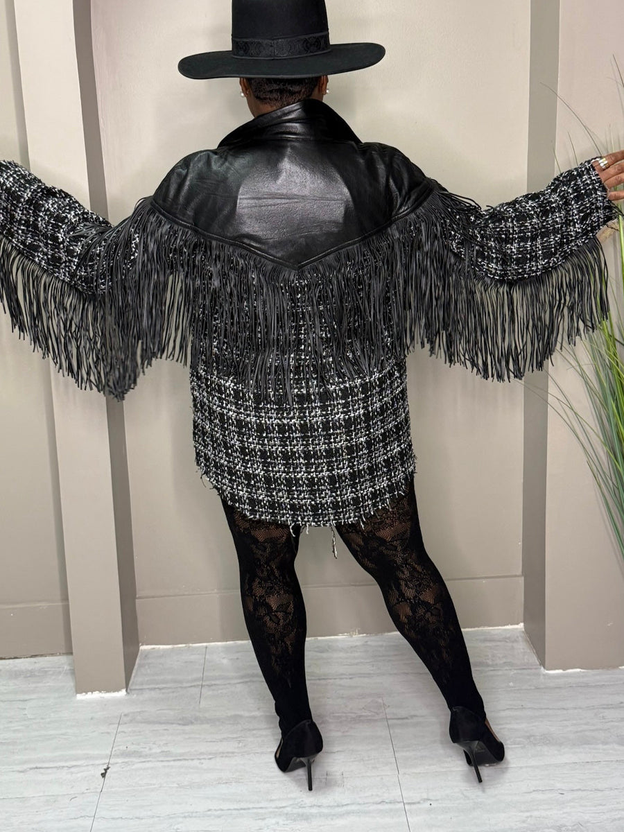 Faux Leather Trim Tweed Shacket