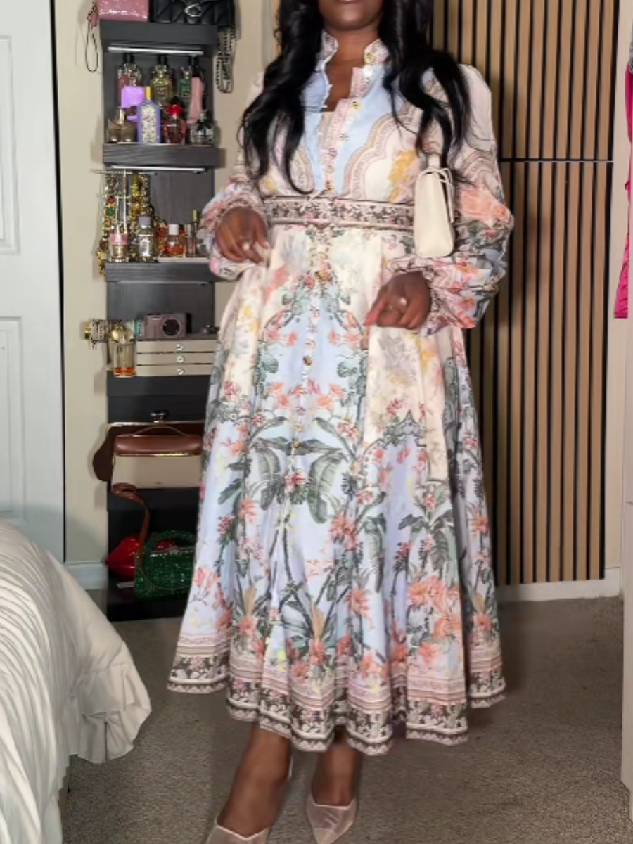 Printed Stand Collar Button Dress