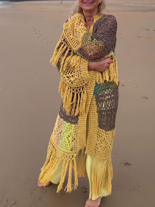 Knitted Cutout Fringe Coat