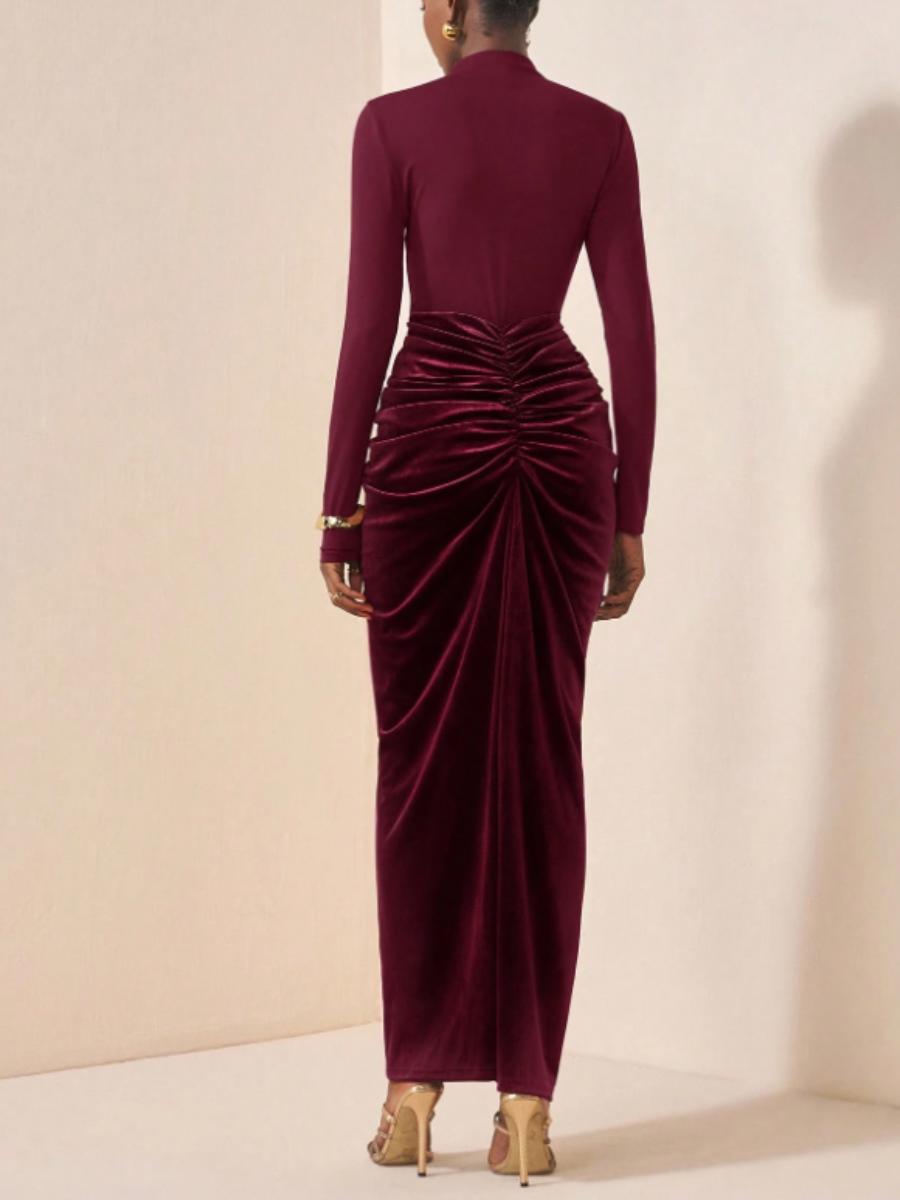 Velvet-Waist Pleated Dress