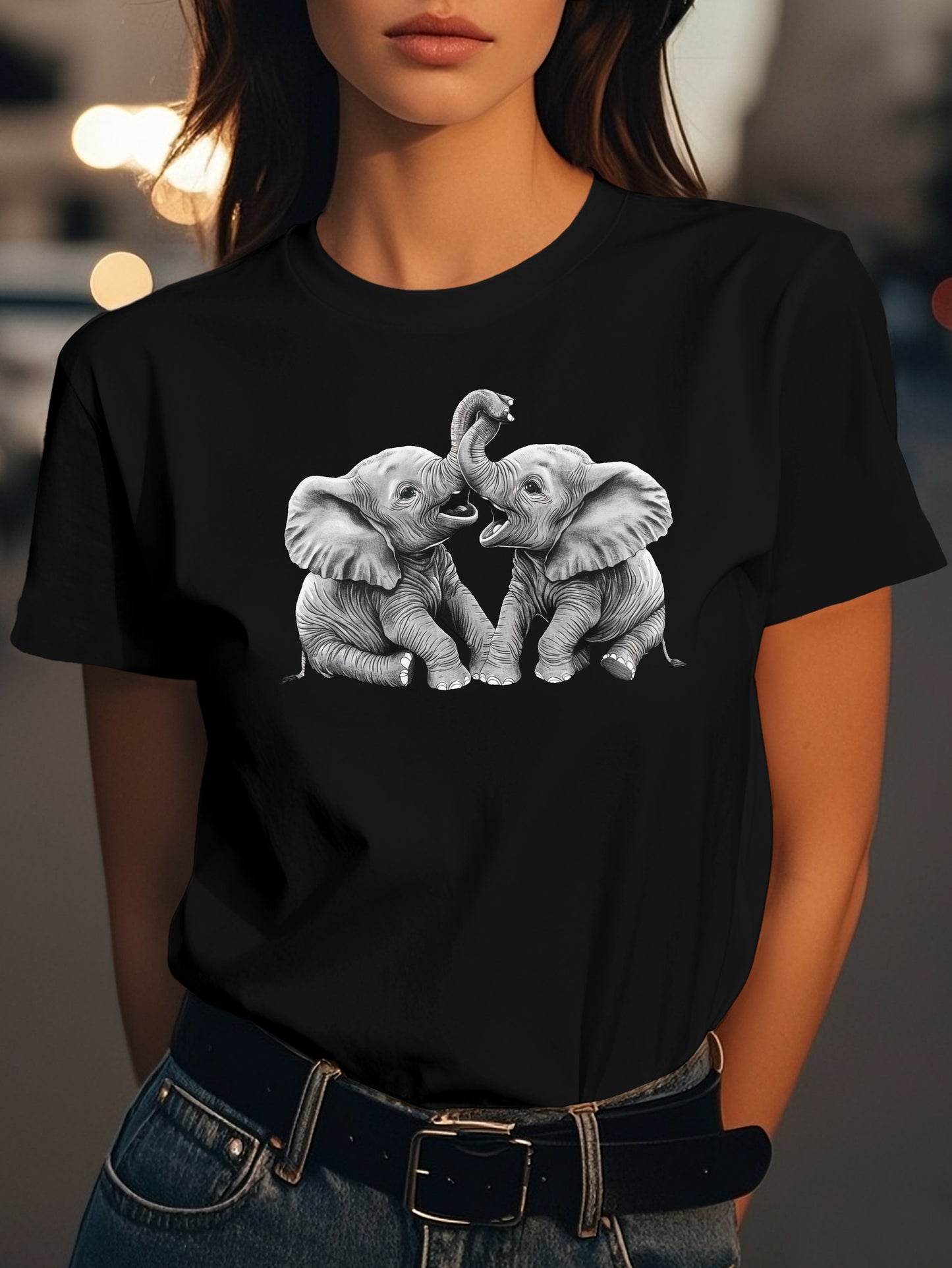 Two baby elephants playfully interacting Fashion women's pure cotton T-shirt short sleeves