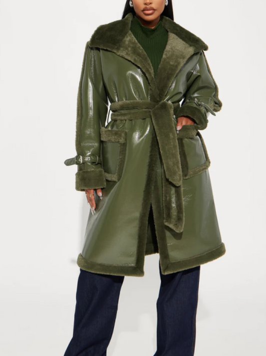 Faux Patent Leather Plush-Trim Coat