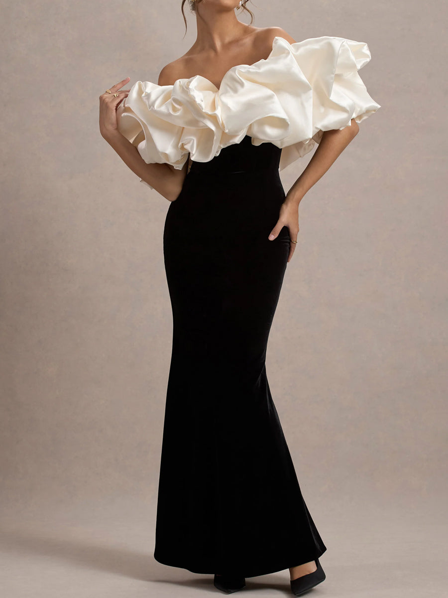 Ruffled Trim Patchwork Stretch Velvet Maxi Dress