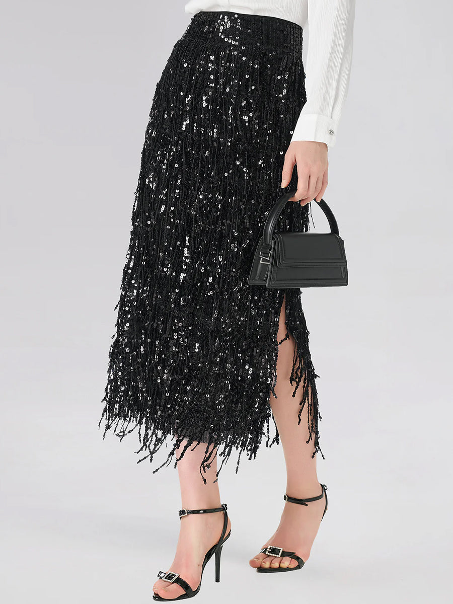 Tassel Sequin Slit Hem Midi Skirt