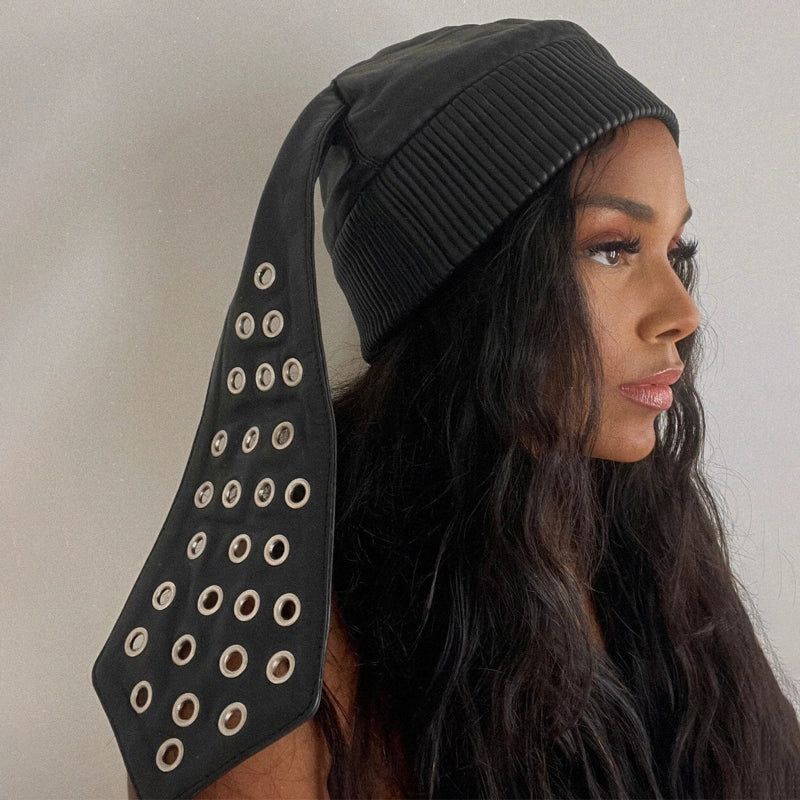 Knitted Patchwork PU Eyelet Detail Hat
