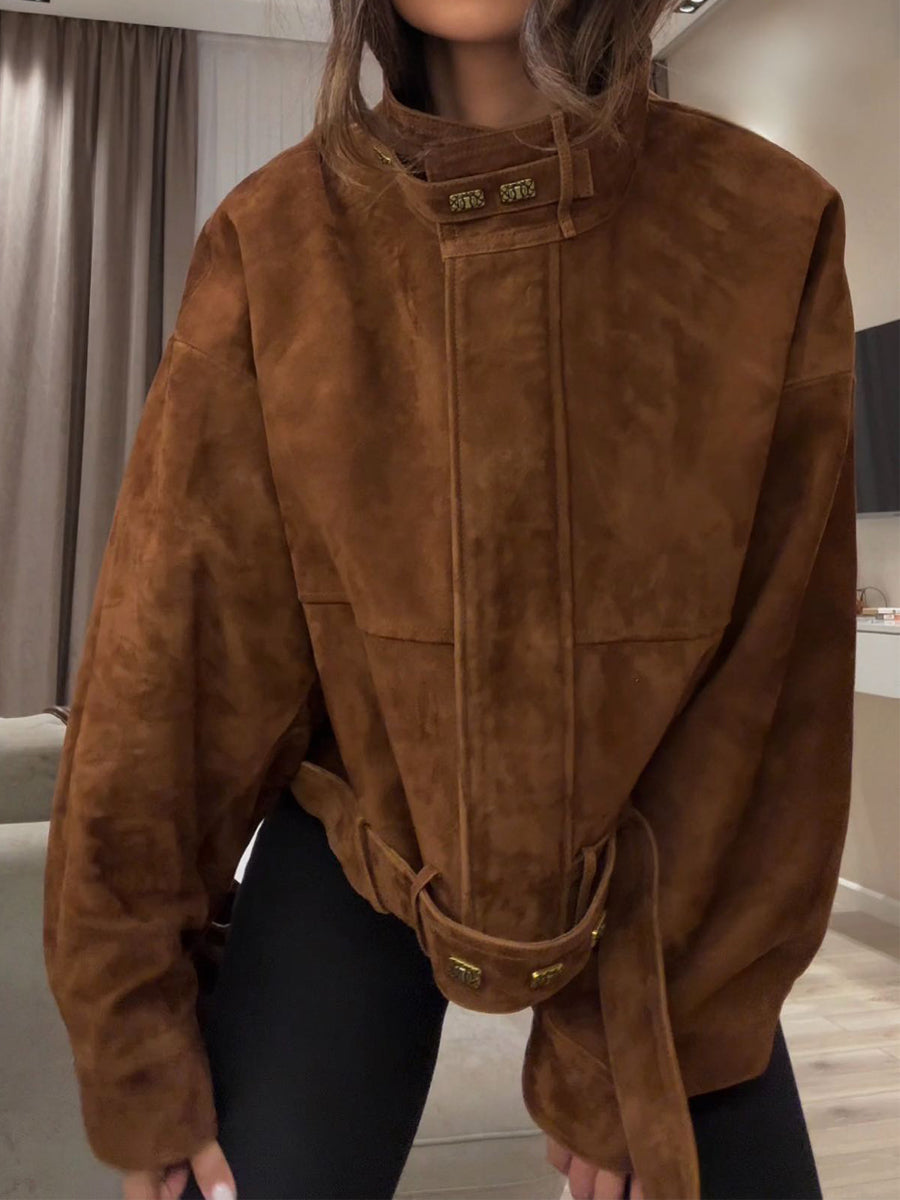 Suede Zip Up Stand Collar Jacket